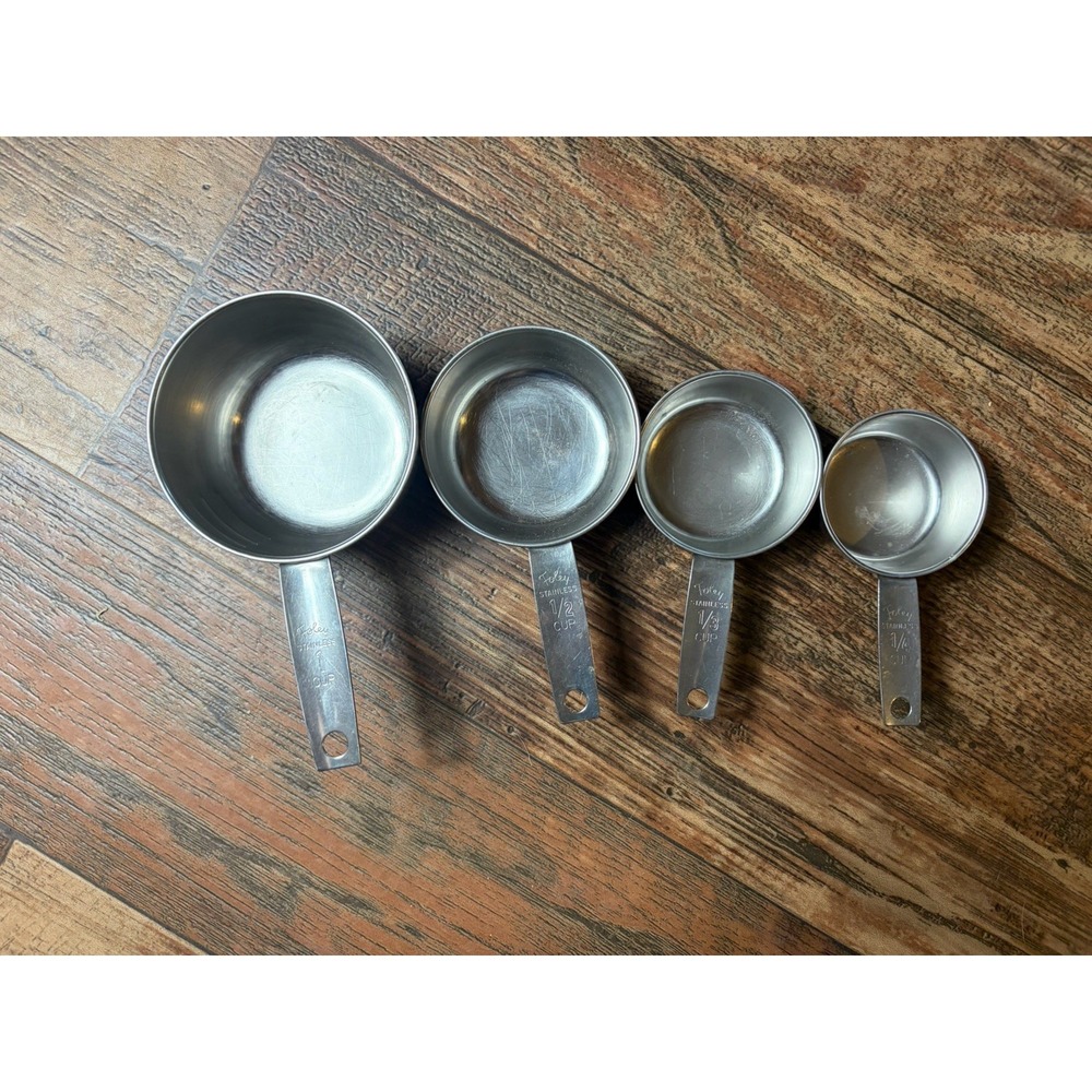 Vintage Foley Script Stainless Measuring Cups 1 cup 1/2 cup 1/3 cup and 1/4 cup
